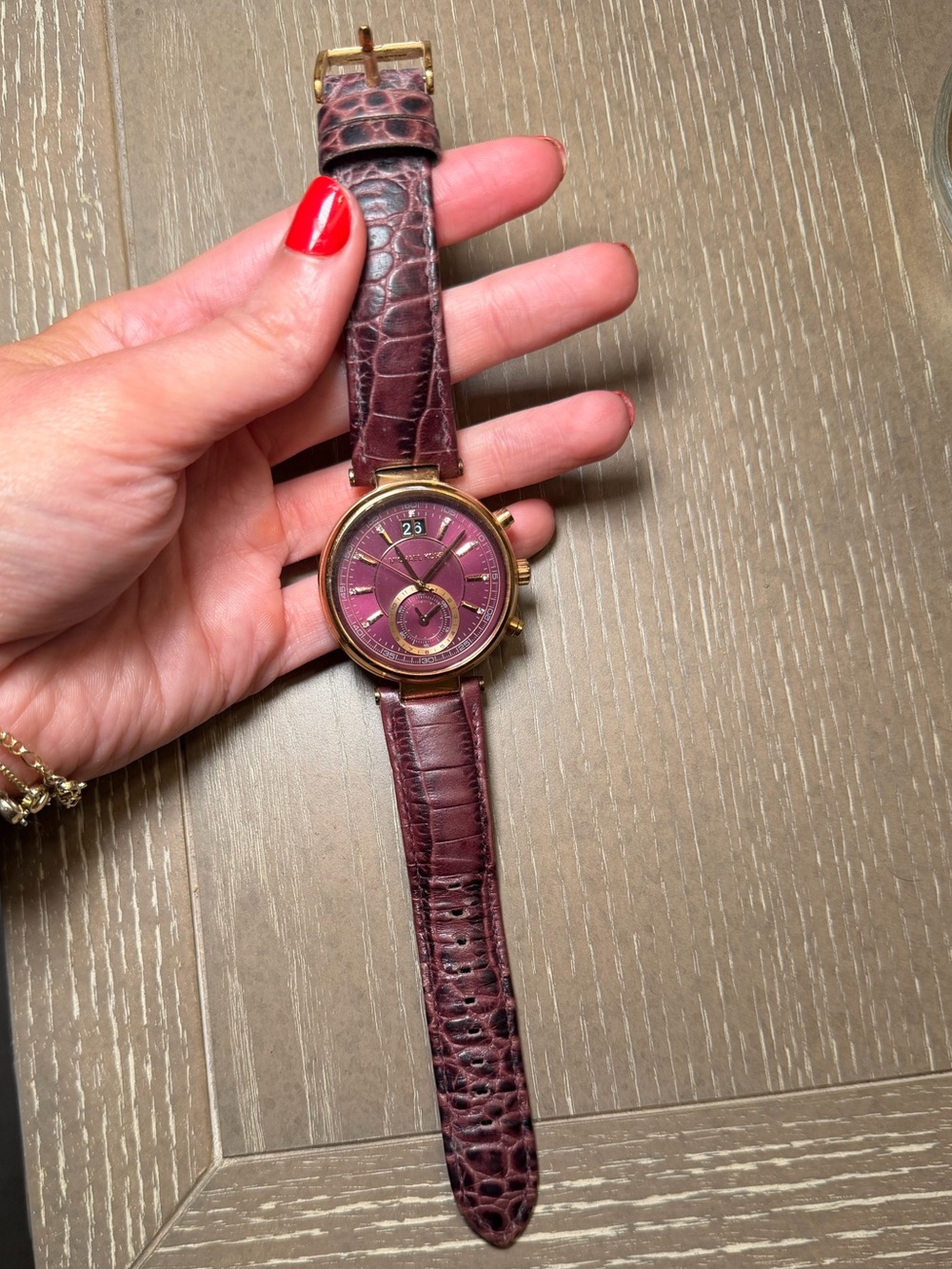 Michael Kors Plum Leather Strap Watch with Gold-Tone Case